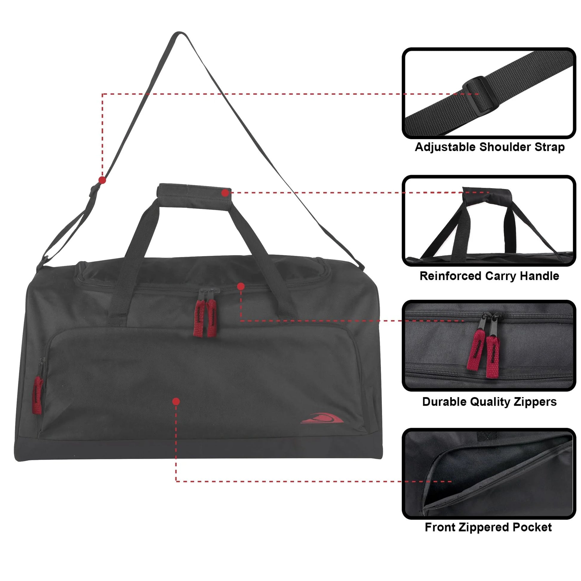 24 Inch 55 Liter Weekender Overnight Duffel Shoulder Bag for Men, Women, Teens, Gym, Travel, Sports and Recreation in Black with Red Accents