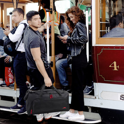 24 Inch 55 Liter Weekender Overnight Duffel Shoulder Bag for Men, Women, Teens, Gym, Travel, Sports and Recreation in Black with Red Accents