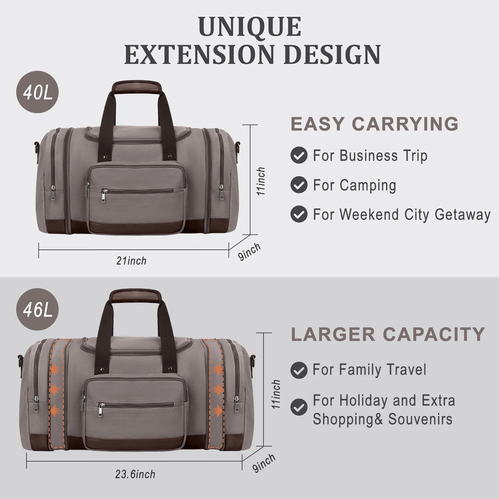 Duffle Bag for Travel Travel Bag 46L Large Expendable Duffle Bags for Men Weekender Bag with Trolly Sleeve for Business Trip Travel Camp Gym, Grey