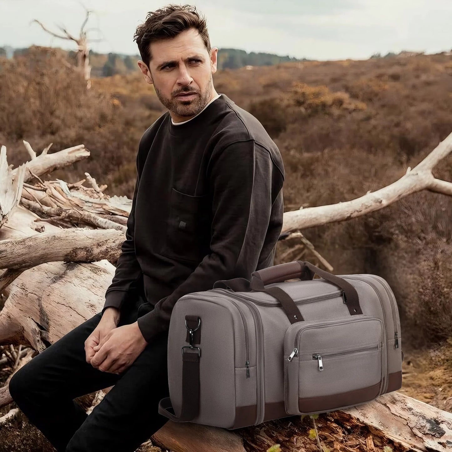 Duffle Bag for Travel Travel Bag 46L Large Expendable Duffle Bags for Men Weekender Bag with Trolly Sleeve for Business Trip Travel Camp Gym, Grey