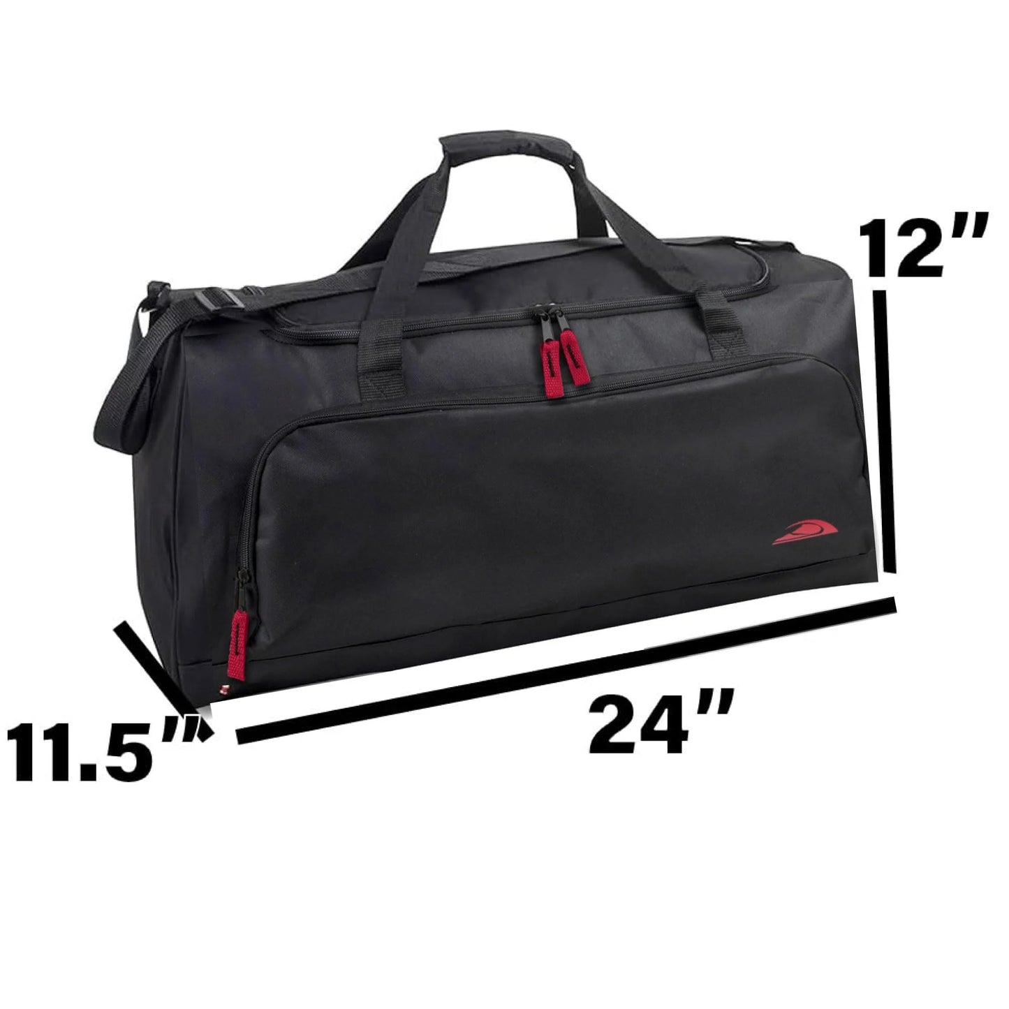 24 Inch 55 Liter Weekender Overnight Duffel Shoulder Bag for Men, Women, Teens, Gym, Travel, Sports and Recreation in Black with Red Accents