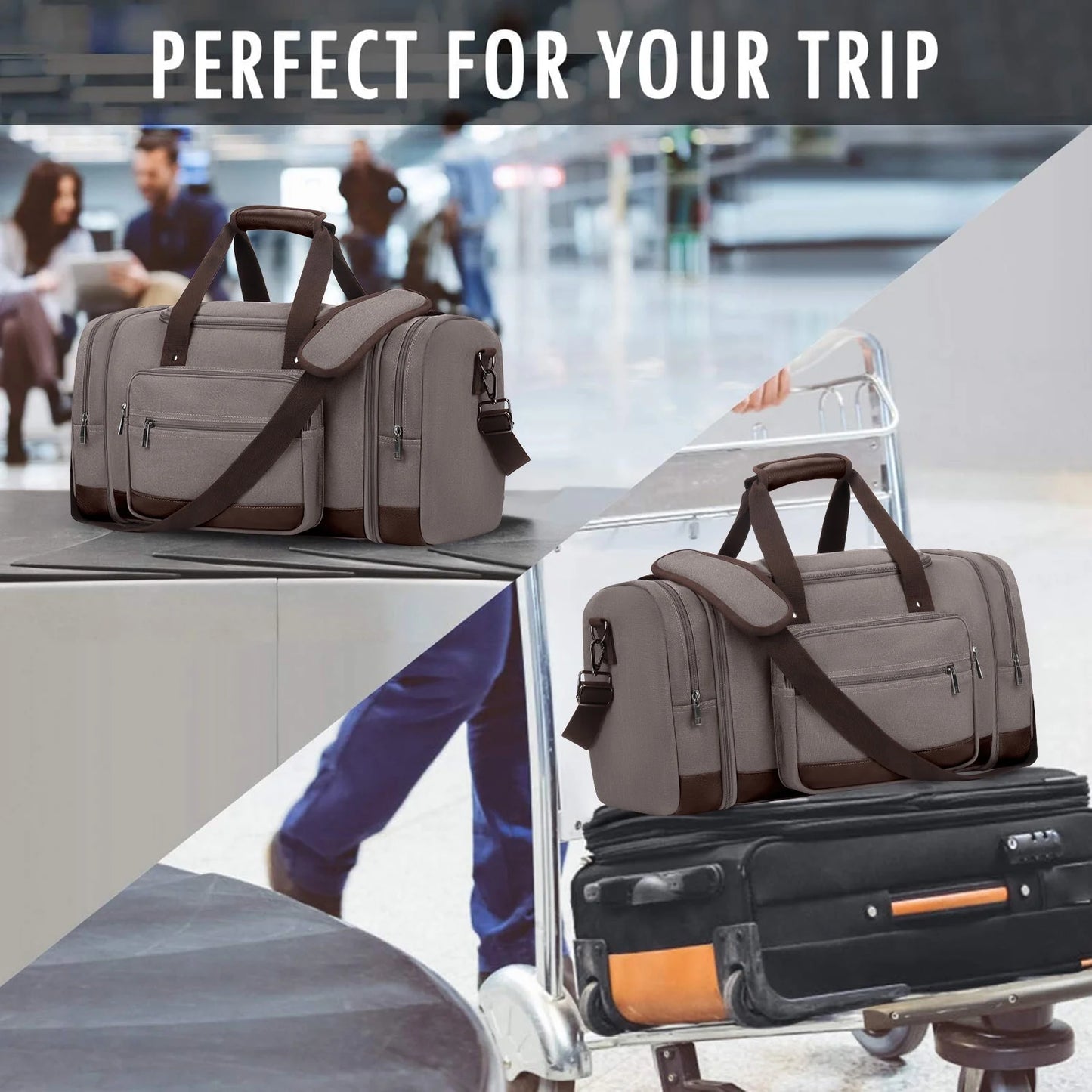 Duffle Bag for Travel Travel Bag 46L Large Expendable Duffle Bags for Men Weekender Bag with Trolly Sleeve for Business Trip Travel Camp Gym, Grey