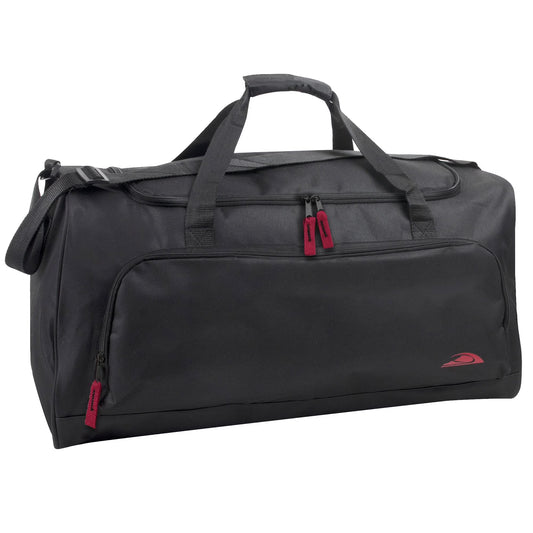 24 Inch 55 Liter Weekender Overnight Duffel Shoulder Bag for Men, Women, Teens, Gym, Travel, Sports and Recreation in Black with Red Accents