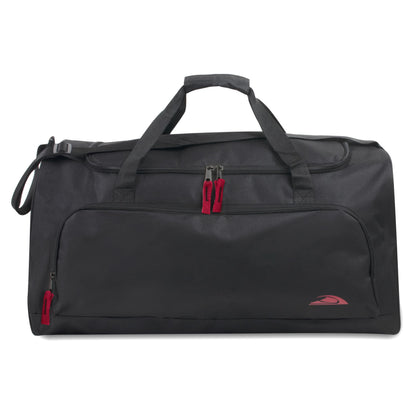 24 Inch 55 Liter Weekender Overnight Duffel Shoulder Bag for Men, Women, Teens, Gym, Travel, Sports and Recreation in Black with Red Accents